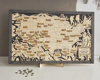 Handmade Wooden National Parks Travel Map: Hiking Adventure Tracker