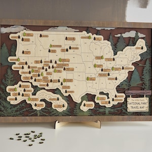 LEMAP - Carte de voyage des parcs nationaux en bois 3D des États-Unis avec des arbres pour enregistrer les visites des parcs (1 modèle)