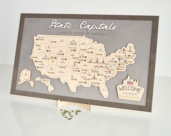 Handmade Wooden US State Capitals Travel Map (17.5 x 11 inch)