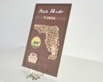 Handmade Wooden Florida State Parks Travel Map with Trees