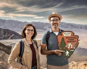 Personalized National Park Entrance Sign: Custom Wooden Wolf Emblem