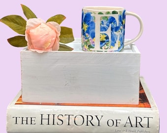 Anthropologie Floral Monogram Mug: Blue Pansies, Letter "E", 11 Oz Coffee Cup