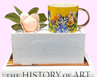 Francesca Kaye Anthropologie Floral Mug With Cat Design & Gold Handle - Yellow Multicolor Ceramic