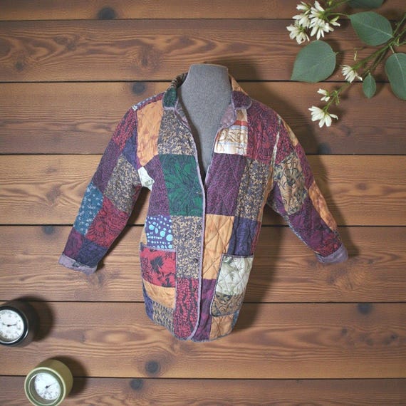 100% Silk Patchwork  Jacket, Size Medium, Reversi… - image 2