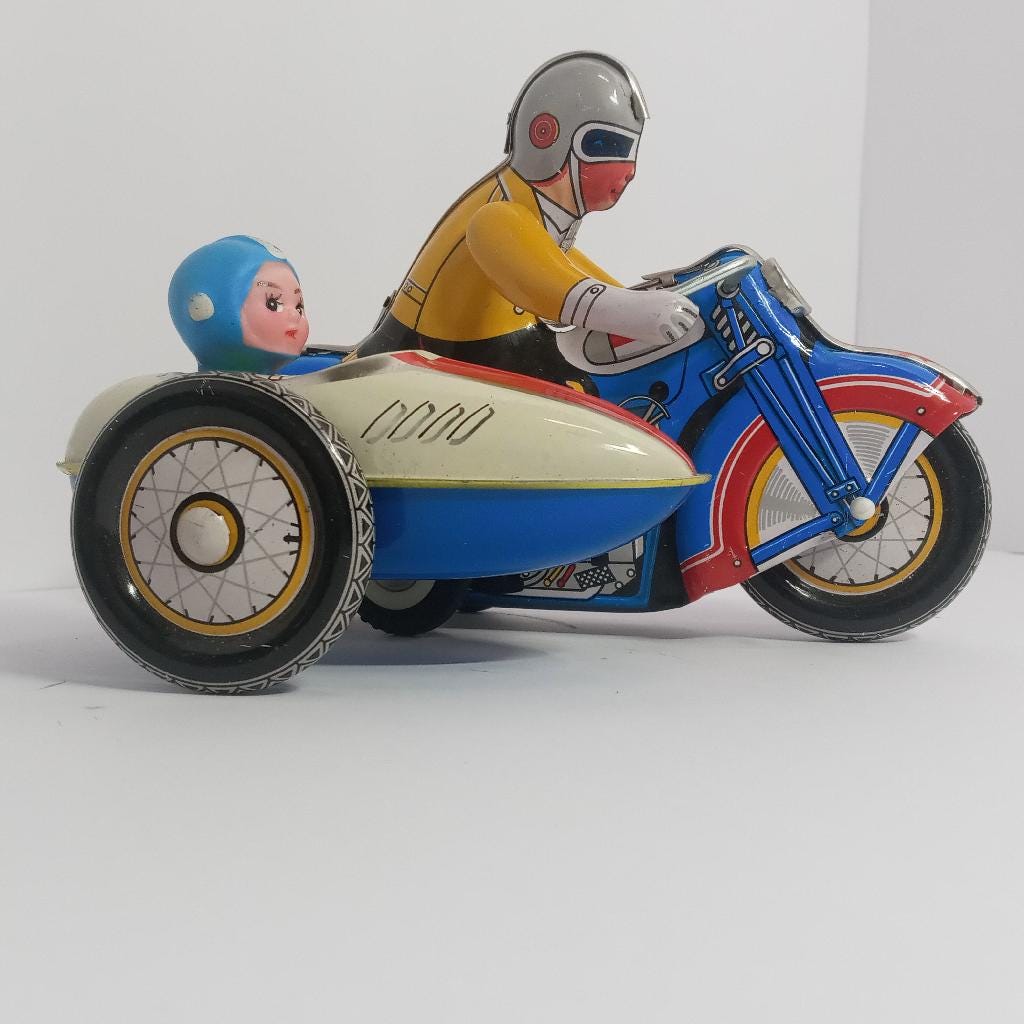 QSH Moto Side-Car MS 709 - Jouet Mécanique Ancien En Tôle - Testé