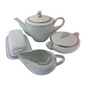 Noritake Colony Tea Pot, Silverdale  Cream & Sugar,  Butter Dish,Platinum Trim