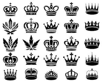 May include: A collection of black crown illustrations in various designs. The crowns feature ornate details, crosses, and different shapes, suitable for royalty-themed projects or designs. The crowns are set against a white background.