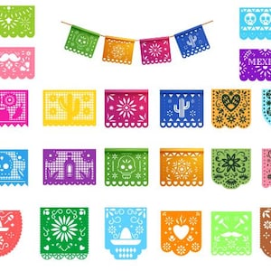 May include: A collection of colorful papel picado banners in various shapes and designs. The banners feature cut-out patterns of flowers, skulls, cacti, and other festive motifs. The color palette includes pink, green, yellow, blue, and orange.