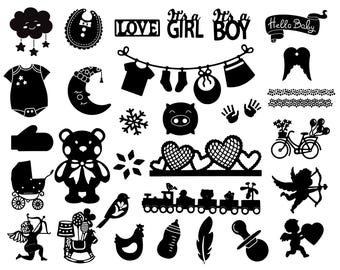 May include: A collection of black silhouette baby-themed cutouts, including a teddy bear, a baby carriage, a bicycle, and the phrases "It's a Girl" and "It's a Boy". Other elements include a bib, a cloud, a moon, and hearts.