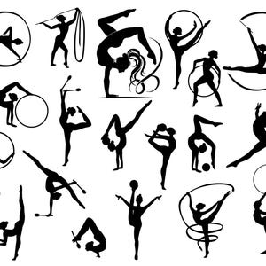 Puede incluir: Colección de ilustraciones en silueta negra de gimnastas rítmicas en diversas poses. Las figuras utilizan aros, cintas, mazas y pelotas, mostrando una variedad de posturas. Ideal para diseños deportivos, destacando la flexibilidad.