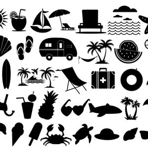 May include: Black and white illustrations of various summer and beach themed icons, including a sun, a surfboard, a seashell, a pineapple, a starfish, a palm tree, a beach umbrella, a camper van, a hammock, a life preserver, a pair of sunglasses, a flip-flop, a beach chair, a suitcase, a watermelon, a cocktail glass, a diving mask, a popsicle, a crab, a fish, a hat, and a seashell.