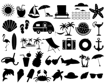 May include: Black and white illustrations of various summer and beach themed icons, including a sun, a surfboard, a seashell, a pineapple, a starfish, a palm tree, a beach umbrella, a camper van, a hammock, a life preserver, a pair of sunglasses, a flip-flop, a beach chair, a suitcase, a watermelon, a cocktail glass, a diving mask, a popsicle, a crab, a fish, a hat, and a seashell.