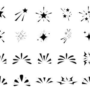 Op de afbeelding: Een verzameling zwart-witte starburst- en sparkle-grafische elementen. De ontwerpen omvatten verschillende stervormen met stralende lijnen en uitbarstingen, geschikt voor digitale ontwerp- of printprojecten.