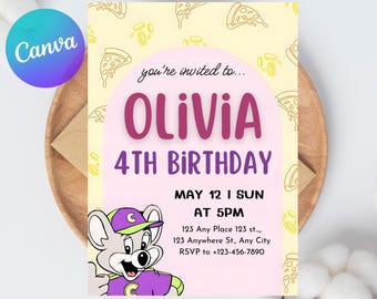 Invitación de cumpleaños de Chuck E. Cheese / Invitación para fiesta infantil / Descarga digital editable / Divertido tema de sala de juegos de pizza / Descarga instantánea