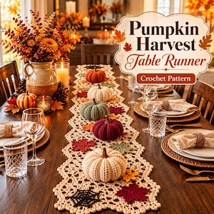 Puede incluir: Un camino de mesa de ganchillo de color crema con un intrincado borde de encaje y motivos decorativos de otoño que incluyen calabazas, hojas de arce y una telaraña. Se muestra el texto "Pumpkin Harvest Table Runner Crochet Pattern".