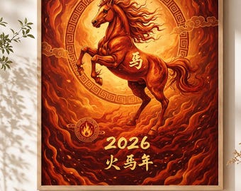 Chinese Zodiac Horse Wall Art   Lunar New Year Decor  Red Gold Asian Art Print Year of the Fire Horse 2026 Poster