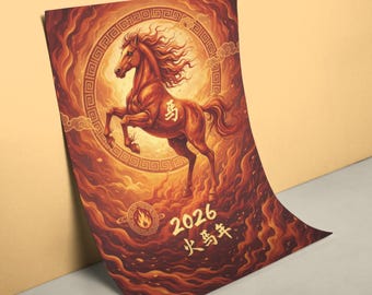 Chinesisches Sternzeichen Pferd Wandkunst Lunar New Year Dekor Rot Gold Asiatisch Kunstdruck Jahr des Feuers Pferd 2026 Poster