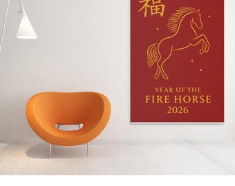Minimalistisches Poster Idee Gold Line Art Pferdedruck | Chinesisches Sternzeichen Wall Art | Glückssymbol Dekor | Rot Gold Weihnachtsgeschenk |