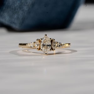 Marquise Diamond Engagement Ring, Diamond Tria Ring, 0.75ct Natural Diamond, Solid 14k Gold