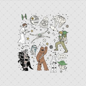 Könnte beinhalten: Ein Grafikdruck mit Star Wars Charakteren und Fahrzeugen, darunter Prinzessin Leia, Darth Vader, Luke Skywalker mit Yoda, Chewbacca, ein Sturmtruppler, R2-D2 und ein TIE-Jäger. Das Design enthält Sterne und den Text Do or Do Not.