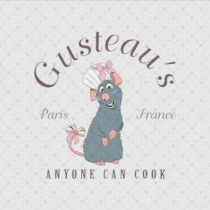 May include: A graphic illustration of a grey rat wearing a white chef hat with a pink bow, featuring the text Gusteau's, Paris, France, and ANYONE CAN COOK. The rat has a pink bow on its tail, set against a light grey background with a cross pattern.