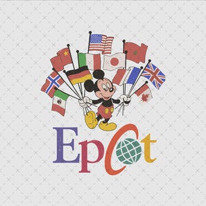 Puede incluir: Gráfico de estilo vintage con Mickey Mouse sosteniendo banderas de varios países. La palabra "Epcot" se muestra en letras coloridas con un icono de globo. El diseño tiene una apariencia desgastada y envejecida.