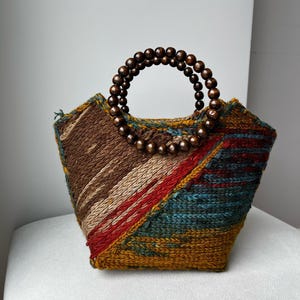 Boho Handmade Woven Bag – Wooden Beaded Handle – Colorful Ethnic Purse for Women
