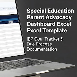 Może przedstawiać: Laptop wyświetla arkusz kalkulacyjny Excel zatytułowany "DUE PROCESS & IEP GOAL LOG - TIMESTAMPED ENTRIES". Ekran pokazuje rozwijane menu z opcjami takimi jak "Email" i "Phone Call". Tekst po prawej stronie brzmi "Special Education Parent Advocacy Dashboard Excel Template."
