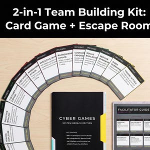 以下が含まれることがあります： カードゲームと脱出ゲームを組み合わせた、2-in-1のチームビルディングキット。キットには、「Cyber Games System Breach Edition」と題された黒い本と「Facilitator Guide」が含まれています。「Incident」と「Severity」のラベルが付いたカードが本を取り囲んでいます。
