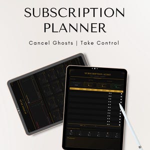Może przedstawiać: Dwa tablety wyświetlające interfejs planera subskrypcji. Tekst "SUBSCRIPTION PLANNER" znajduje się na górze, poniżej "Cancel Ghosts | Take Control". Jeden tablet pokazuje plan działania, drugi audyt subskrypcji.