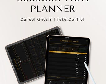 Op de afbeelding: Twee tablets met een abonnementplanner-interface. De tekst "SUBSCRIPTION PLANNER" staat bovenaan, met "Cancel Ghosts | Take Control" eronder. Eén tablet toont een actieplan, de andere een abonnementaudit.