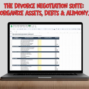 May include: A laptop screen showing a spreadsheet labelled "Divorce Asset Negotiation Suite" with a "PRE-DISCOVERY DOCUMENT CHECKLIST." Categories include "INCOME & EMPLOYMENT" and "BANK ACCOUNTS." The title at the top reads "THE DIVORCE NEGOTIATION SUITE: ORGANIZE ASSETS, DEBTS & ALIMONY."