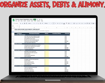 Divorce Settlement Spreadsheet: Asset Division, Alimony Calculator, House Buyout & Discovery Checklist Excel