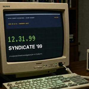 Puede incluir: Un monitor de computadora vintage beige que muestra el texto 12.31.99 SYNDICATE '99, un teclado a juego, un teléfono fijo gris, un reloj digital que marca las 23:57:41, un disquete negro, un bolígrafo rojo y documentos impresos en un escritorio de madera.