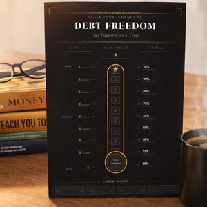 Puede incluir: Un rastreador de libertad de deuda negro y dorado con el texto "DEBT FREEDOM" y "One Payment at a Time". Una taza de café, libros y gafas están sobre una mesa de madera.