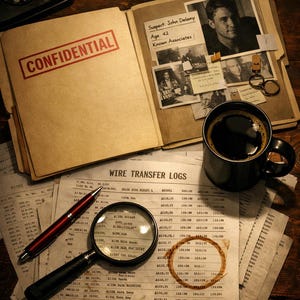 Può includere: Scena di scrivania di un detective con un fascicolo "CONFIDENZIALE", foto e documenti "WIRE TRANSFER LOGS". Una lente d'ingrandimento, una penna e una tazza di caffè completano l'atmosfera vintage.