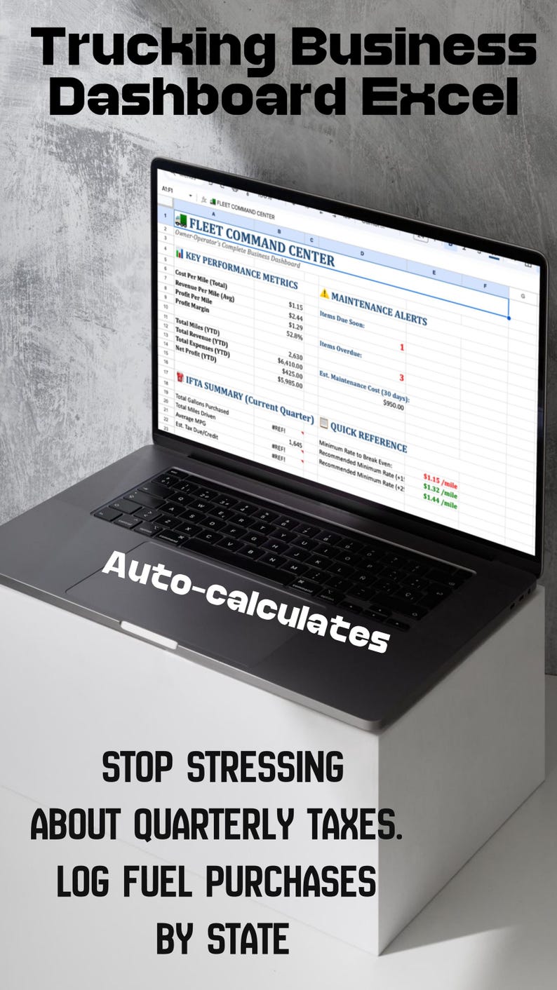 Trucking Business Dashboard Excel: Cost Per Mile, IFTA Log, Maintenance Tracker for Owner Operators