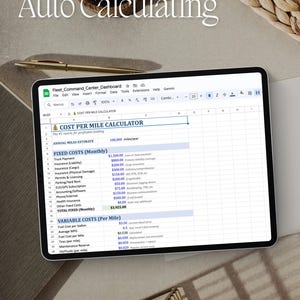 May include: A tablet displaying a spreadsheet titled "Cost Per Mile Calculator." The screen shows annual and monthly cost estimates, including fixed and variable costs. The text "Auto Calculating" is at the top. A pen, paper, and office supplies are in the background.