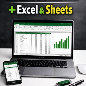May include: A laptop, smartphone, and accessories are displayed on a white surface. The laptop screen shows a spreadsheet with a green bar graph. The smartphone displays a similar spreadsheet. Text at the top reads "Instant Download + Excel & Sheets."