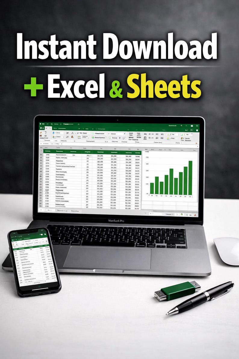 May include: A laptop, smartphone, and accessories are displayed on a white surface. The laptop screen shows a spreadsheet with a green bar graph. The smartphone displays a similar spreadsheet. Text at the top reads "Instant Download + Excel & Sheets."