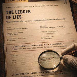 May include: A forensic audit document titled "The Ledger of Lies" with the text "Toxic Assets $785,000" highlighted under a magnifying glass. The document includes the text "Forensic Evidence" and "Confidential".