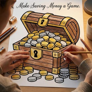 May include: A person coloring a drawing of a treasure chest filled with gold and silver coins. The text "Make Saving Money a Game" is above the chest. Pencils and a sharpener are on the table.