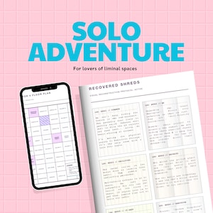 May include: A smartphone displaying a floor plan next to a document titled "RECOVERED SHREDS." The image has the text "SOLO ADVENTURE" and "For lovers of liminal spaces" in a pink tiled background. The document contains text in a typewriter font.