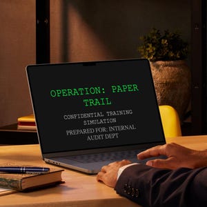 Op de afbeelding: Een laptop toont de tekst "OPERATION: PAPER TRAIL" in het groen, gevolgd door extra tekst in het wit. De laptop staat op een houten bureau, met een hand die naar het scherm wijst. Een pen en een boek liggen ook op het bureau.