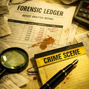 May include: A forensic investigation scene with a ledger, calculator, magnifying glass, and notepad labeled "CRIME SCENE." A fountain pen rests on the notepad, and receipts and glasses are scattered around.