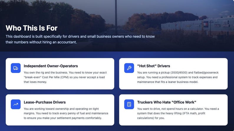 May include: A digital dashboard with the text "Who This Is For" and descriptions for independent owner-operators, "Hot Shot" drivers, lease-purchase drivers, and truckers who dislike office work. The dashboard is designed for drivers and small business owners.