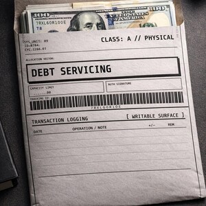 May include: An envelope labeled "DEBT SERVICING" is filled with U.S. $100 bills. The envelope has a black and white striped top and text that reads "SECURE // SEAL" and "CLASS: A // PHYSICAL". A pen and notebook are on the dark surface.