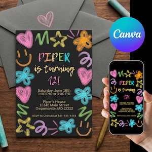 May include: A black birthday invitation with colorful doodle-style illustrations and the text "PIPER is turning 12!". The invitation includes event details and RSVP information. A smartphone displays the same design.