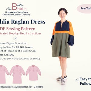 Dahlia Raglan Dress PDF Sewing Pattern - Women&#39;s Sweatshirt Dress with Quarter Zip - 15 Sizes XXS-5XL- Instant Download- 2 Length Options