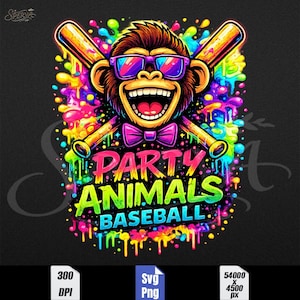 May include: A vibrant graphic featuring a cartoon monkey wearing sunglasses and a bow tie, holding baseball bats. The text "PARTY ANIMALS BASEBALL" is displayed in colorful, dripping letters against a black background. The design includes splashes of bright colors.